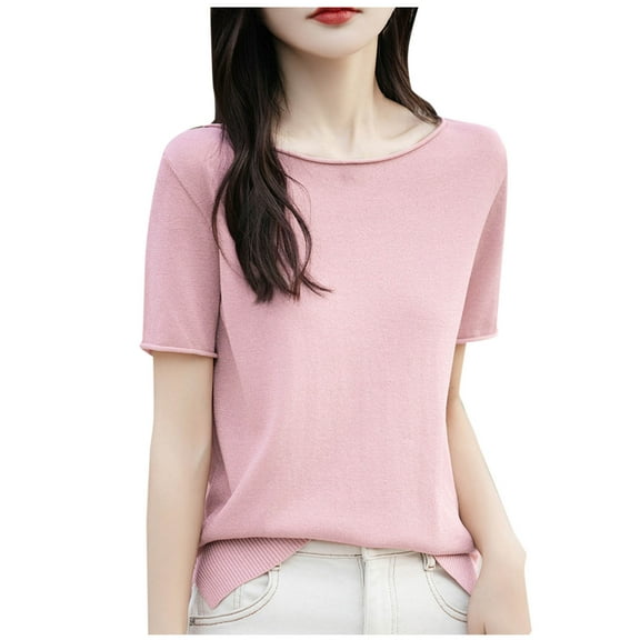 Perfectbot Womens Short Sleeves Sweaters Crew Neck Ribbed Knit Casual Tops Business Work Outfits Blouse