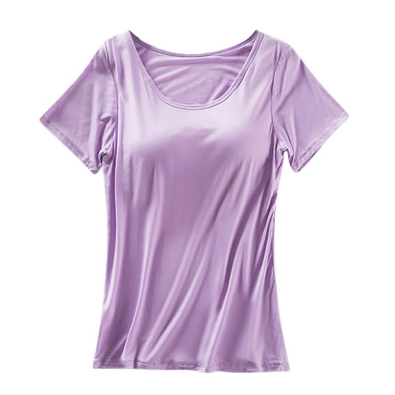 Perfectbot Womens Short Sleeves Tops with Built in Bra Scoop Neck Solid Casual Blouse Summer Basic Shirt