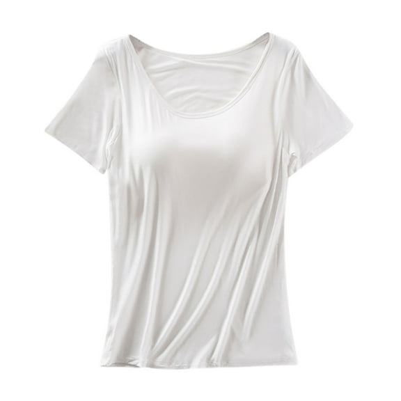 Perfectbot Womens Short Sleeves Tops with Built in Bra Scoop Neck Solid Casual Blouse Summer Basic Shirt