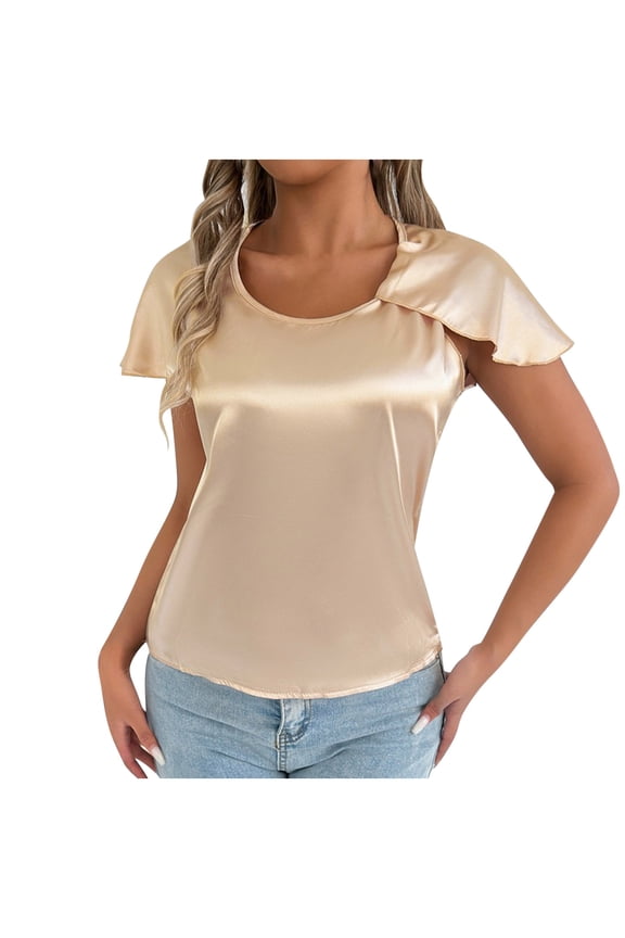 Womens Silk Satin Blouse Round Neck Split Short Sleeves Tops Summer Dressy Blouse