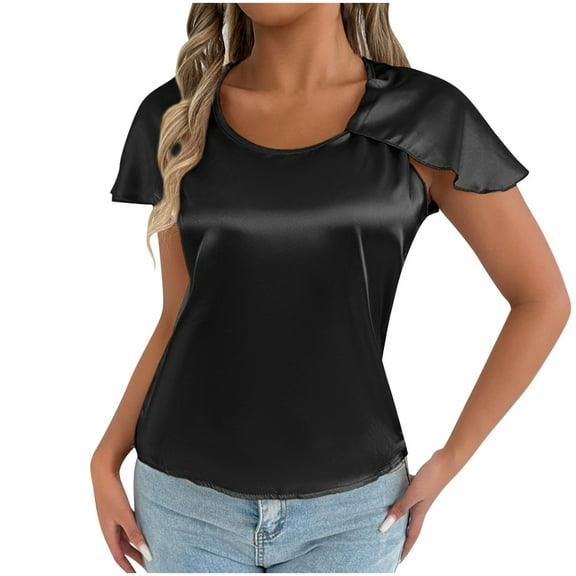 Perfectbot Womens Silk Satin Blouse Round Neck Split Short Sleeves Tops Summer Dressy Blouse