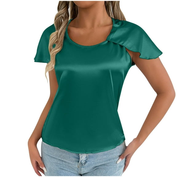 Perfectbot Womens Silk Satin Blouse Round Neck Split Short Sleeves Tops Summer Dressy Blouse