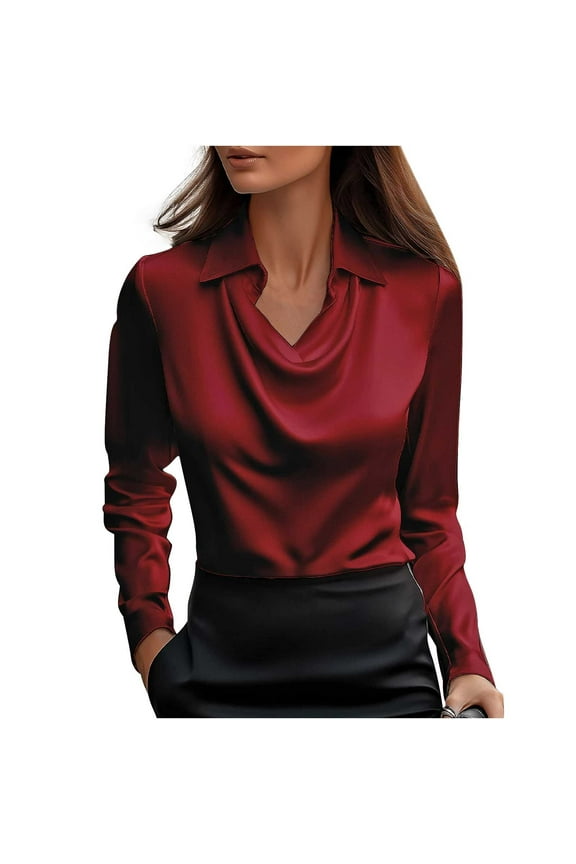Womens Satin Tops Silk Cowl Neck Collared Long Sleeve Draped Blouses Work Office Shirts
