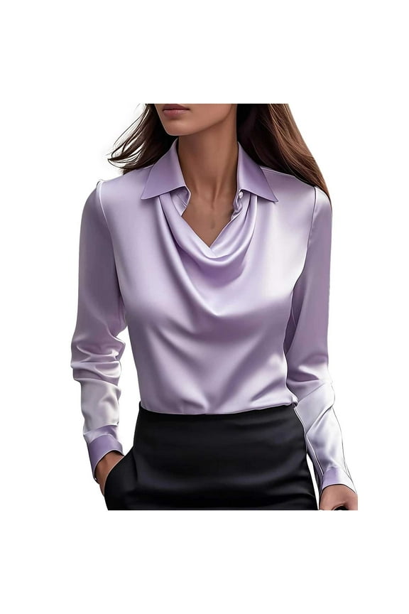 Womens Satin Blouses Cowl Neck Collared Long Sleeve Draped Tops Work Office Silk Shirts