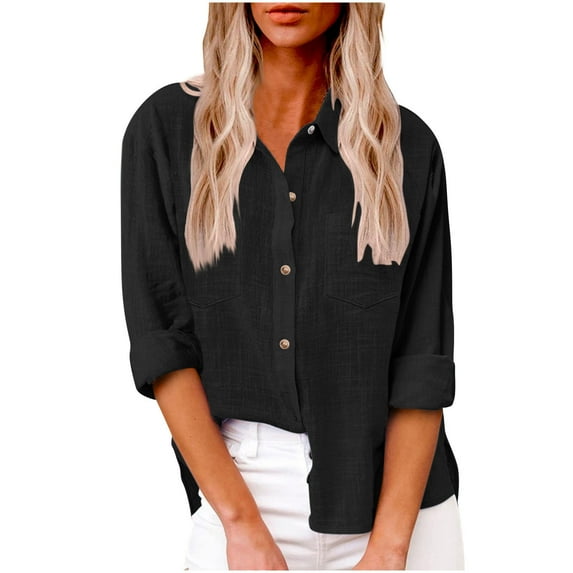 Perfectbot Button Down Shirts for Women Linen Collared Roll Up Sleeve Tops Loose Work Fall Blouse