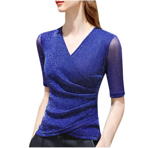 Perfectbot Womens Sparkle Sequin Top Mesh Short Sleeves V Neck Cross Wrap Blouse Club Party Shirt