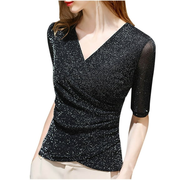 Perfectbot Womens Sparkle Sequin Top Mesh Short Sleeves V Neck Cross Wrap Blouse Club Party Shirt