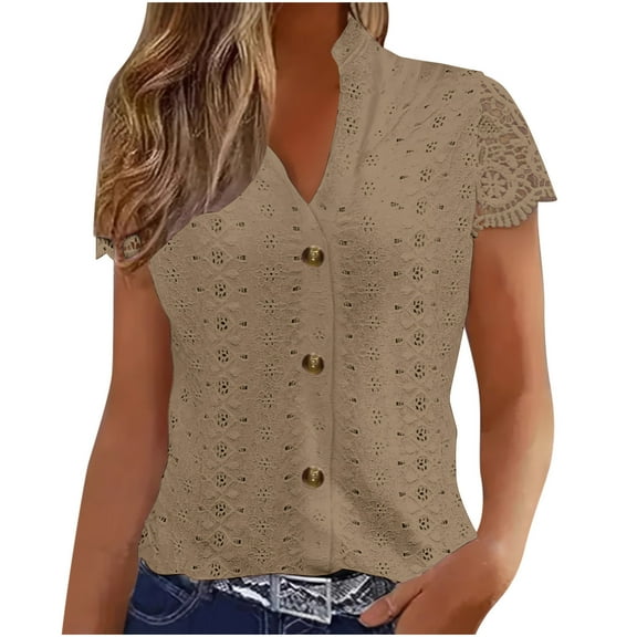 Perfectbot Womens Summer Dressy Blouses Eyelet Short Sleeve Button Down V Neck Top Elegant Casual Shirt