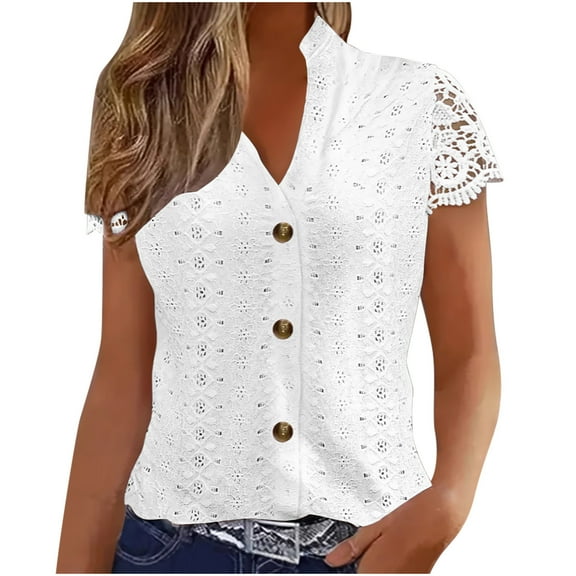 Perfectbot Womens Summer Dressy Blouses Eyelet Short Sleeve Button Down V Neck Top Elegant Casual Shirt
