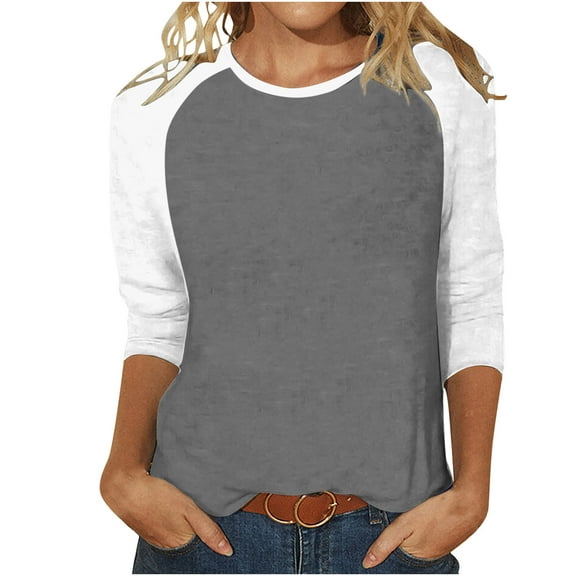Perfectbot Womens Summer Shirts Round Neck 3/4 Sleeves Basic Tops Casual Color Block Blouse