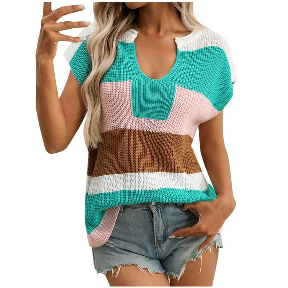 Perfectbot Womens Summer Sweater Cap Sleeve V Neck Color Block Tops Casual Loose Knit Blouse