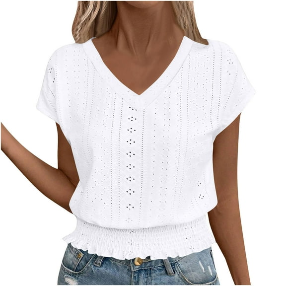 Perfectbot Womens Summer Tops V Neck Short Sleeve Eyelet Blouse Smocked Hem Summer Casual Shirt