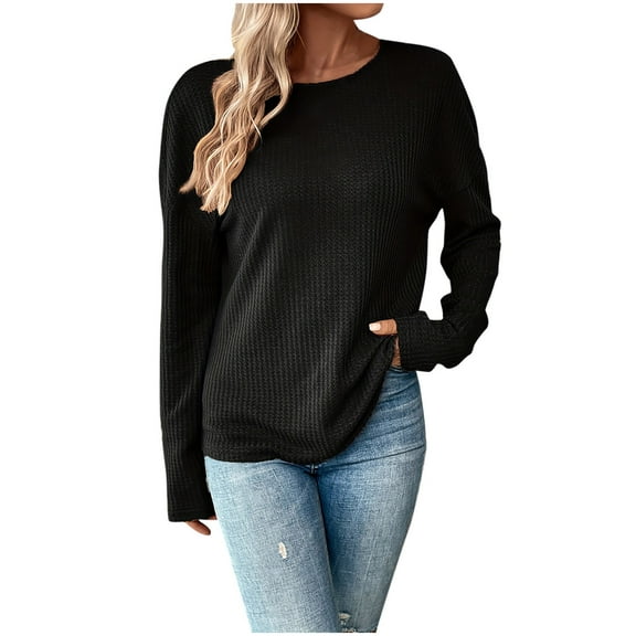 Perfectbot Womens Sweaters Crewneck Waffle Knit Long Sleeves Loose Tops Fall Winter Trendy Tunic Blouses