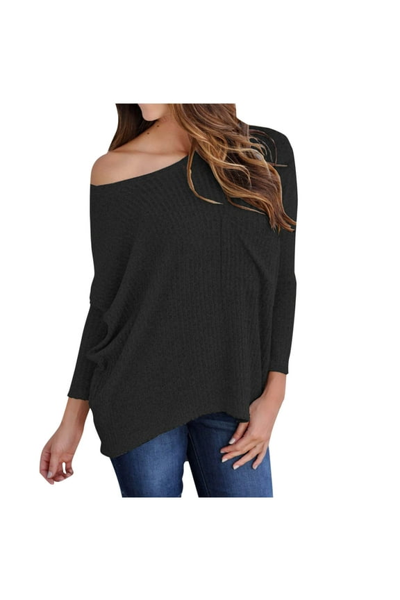 Womens Sweaters Off Shoulder Textured Knit Long Sleeves Loose Tops Fall Tunic Blouse