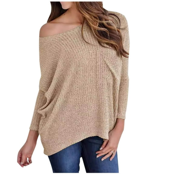 Perfectbot Womens Sweaters Off Shoulder Textured Knit Long Sleeves Loose Tops Fall Tunic Blouse