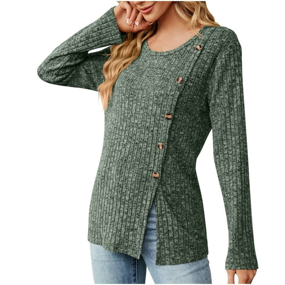 Perfectbot Womens Sweaters Round Neck Button Decor Ribbed Tops Long Sleeves Fall Casual Tunic Blouse
