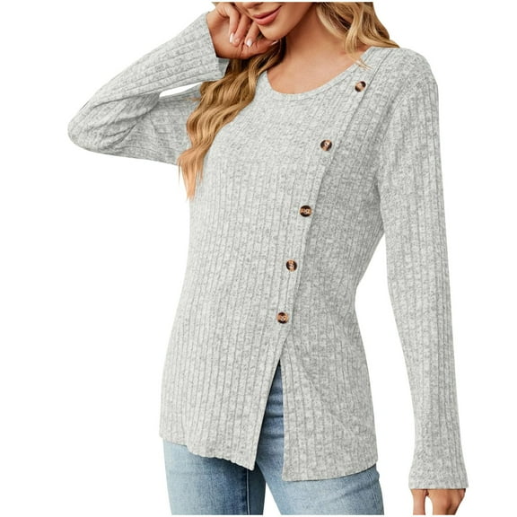 Perfectbot Womens Sweaters Round Neck Button Decor Ribbed Tops Long Sleeves Fall Casual Tunic Blouse