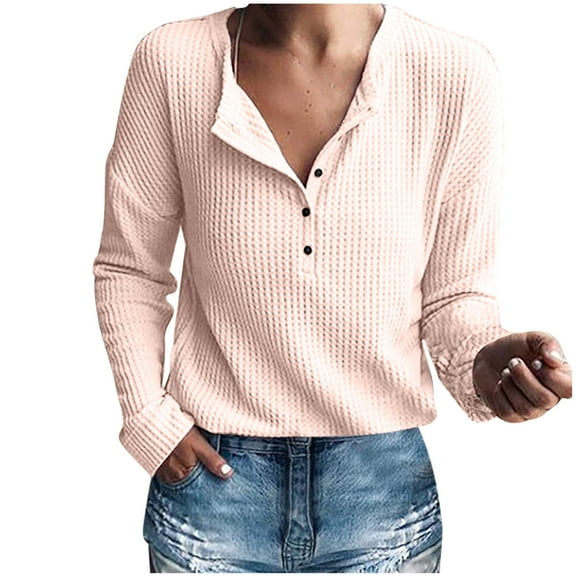 Perfectbot Womens Sweaters Waffle Knit Button Down Henley Tops Comfy Fall Winter Warm Blouse