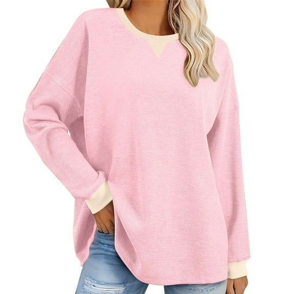 Perfectbot Womens Sweatshirts Ribbed Knit Round Neck Loose Tops Long Sleeves Tunic Trendy Outfits Shirts