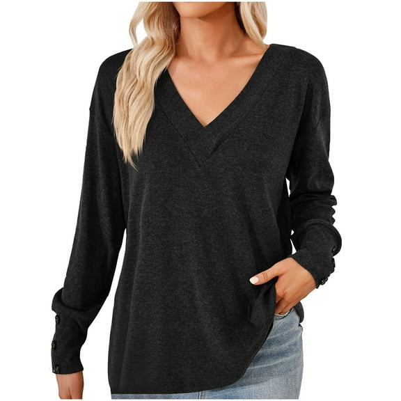 Perfectbot Womens T Shirts Button Decor V Neck Soft Comfy Tops Causal Tunic Flowy Fall Blouse