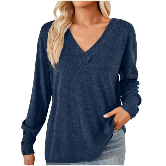 Perfectbot Womens T Shirts Button Decor V Neck Soft Comfy Tops Causal Tunic Flowy Fall Blouse