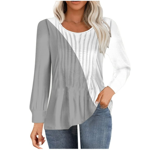 Perfectbot Womens T Shirts Color Block Ruffle Hem Crewneck Tops Long Sleeves Casual Fall Blouses
