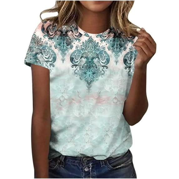 Perfectbot Womens T-Shirts Crew Neck Floral Print Short Sleeve Loose Summer Vintage Tees Size S-5XL