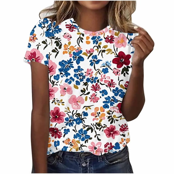 Perfectbot Womens T-Shirts Crew Neck Print Casual Summer Short Sleeve Loose Tees Tops Size S-5XL