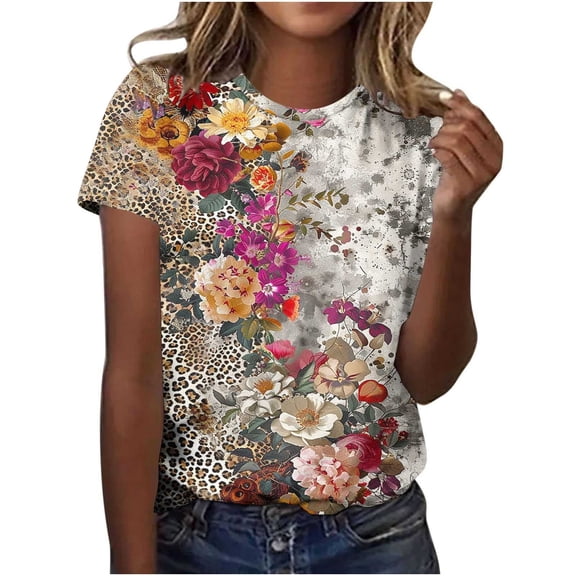 Perfectbot Womens T-Shirts Floral Print Relaxed Vintage Crew Neck Summer Short Sleeve Tees ,S-5XL