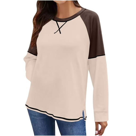Perfectbot Womens T Shirts Long Sleeve Round Neck Color Block Tops Fall Casual Tunic Blouse