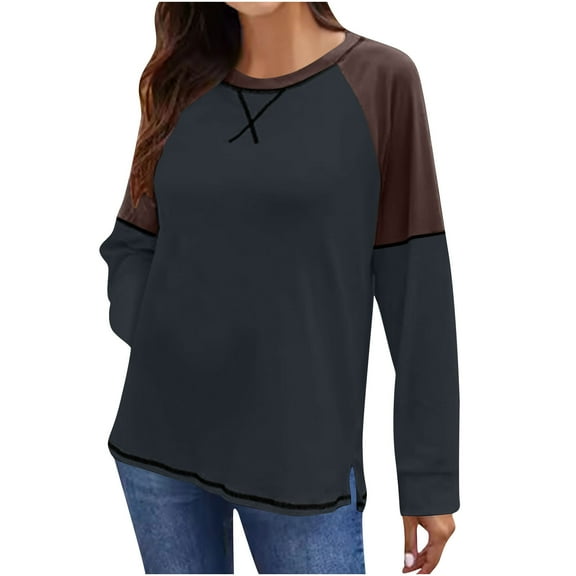 Perfectbot Womens T Shirts Long Sleeve Round Neck Color Block Tops Fall Casual Tunic Blouse