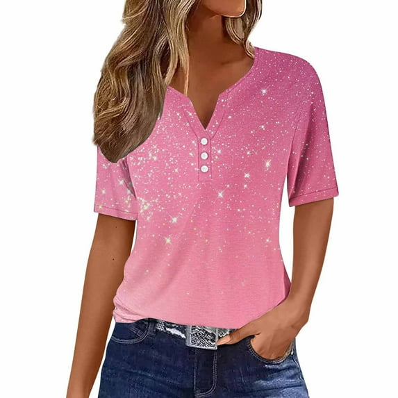 Perfectbot Womens T-Shirts Loose Button Short Sleeve Casual V Neck Print Summer Blouses Size S-3XL
