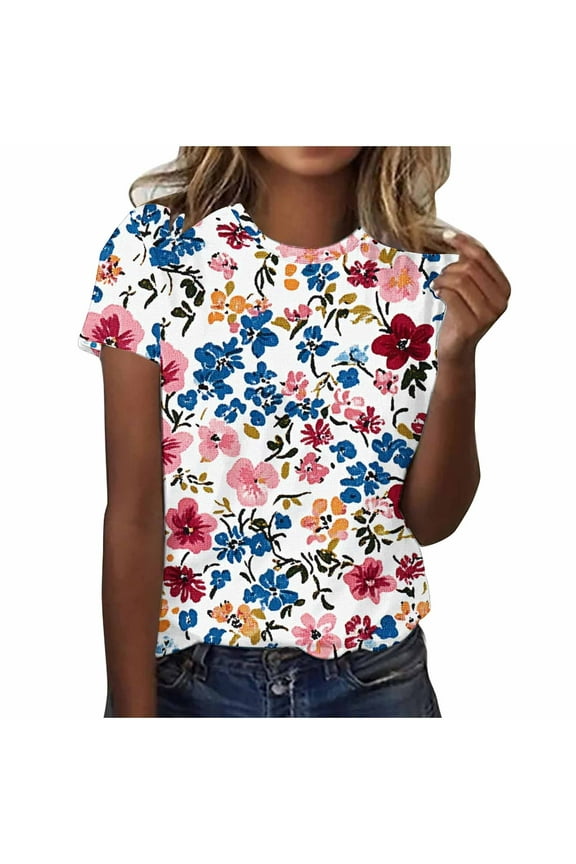 Womens T-Shirts Loose Short Sleeve Summer Casual Print Crew Neck Tees Tops Size S-5XL