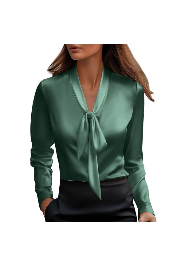 Womens Tie Front Satin Blouse - Bow Neck Elegant Shirt, Dressy Business Casual Office Top
