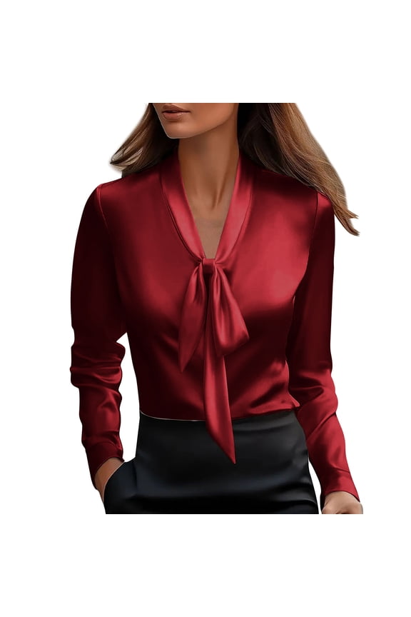 Womens Tie Front Satin Blouse - Bow Neck Elegant Shirt, Dressy Business Casual Office Top