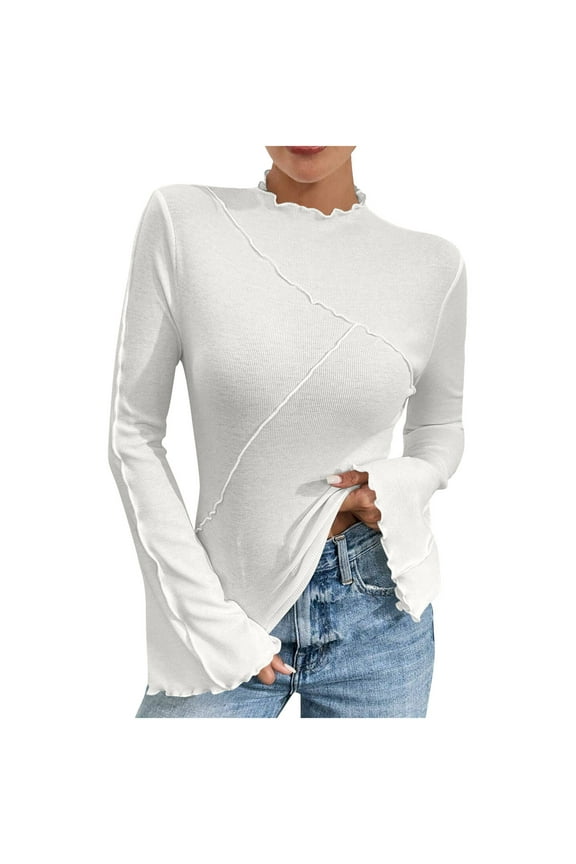 Womens Tops Bell Long Sleeve Mock Neck Lettuce Trim Blouse Ribbed Knit Fall Dressy Shirt