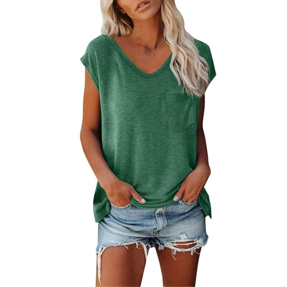 Perfectbot Womens Tops Cap Sleeves V Neck Shirts with Pocket Casual Summer Beach Outfits Blouse