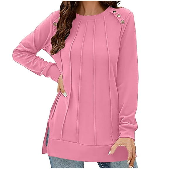 Perfectbot Womens Tops Crewneck Button Decor Side Slit Fashion Blouse Long Sleeves Tunic Loose Shirts