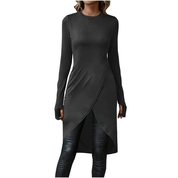 Perfectbot Womens Tops Crewneck Crossed Hem Longline Dress Shirt Long Sleeve Fitted Blouse