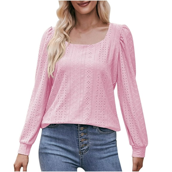 Perfectbot Womens Tops Dressy Puff Long Sleeve Square Neck Eyelet Blouse Relax Fit Tunic Casual Shirt