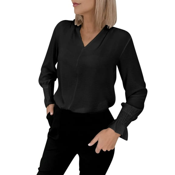 Perfectbot Womens V Neck Blouse Ruffle Long Sleeves Chiffon Shirt Bussiness Tops With Smocked Cuffs