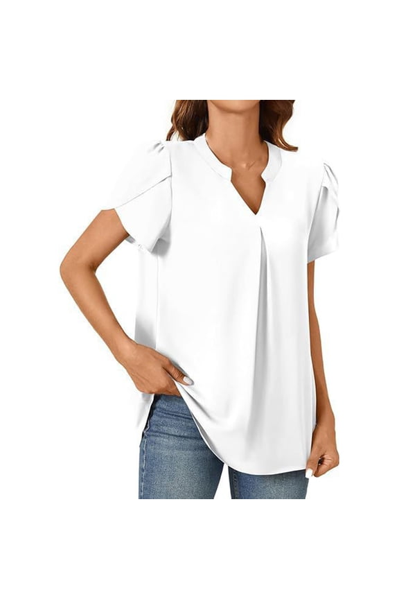 Womens V Neck Dressy Tops Ruched Short Sleeves Flowy Tunic Blouse Loose Fit Casual Shirt
