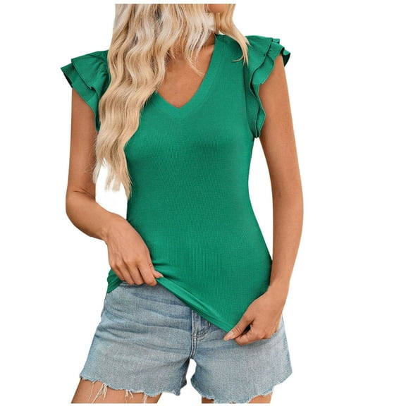 Perfectbot Womens V Neck Summer Tops Ruffle Sleeveless Ribbed Knit Shirt Summer Slim Fitted Blouse