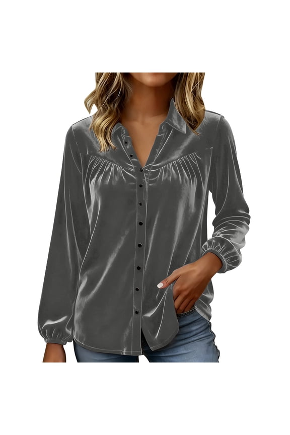 Womens Velvet Top - Long Sleeve Smocked Button Down Blouse, Dressy Casual Work Shirt for Elegant Look