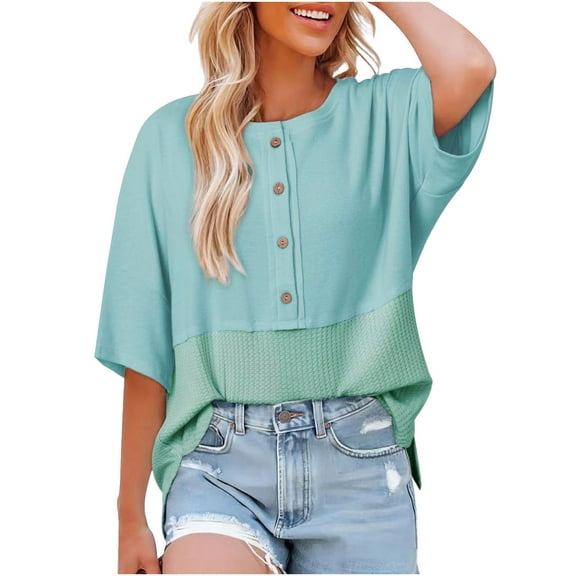 Perfectbot Womens Waffle Knit Tops Casual Crewneck Short Sleeves Button Down Shirts Summer Fashion Blouse