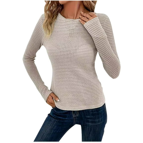 Perfectbot Womens Waffle Knit Tops Long Sleeve Casual Slim Fit Shirts Crewneck Pullover Sweaters