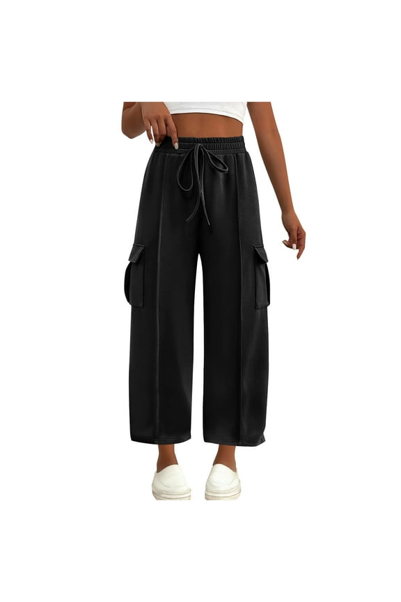 Womens Wide Leg Cargo Pants Drawstring Baggy Ankle Length Trousers Side Pocket Baggy Barrel Pants