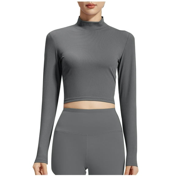 Perfectbot Womens Workout Tops Crop Ribbed Knit Mock Neck Shirts Gym Yoga Slim Fit Blouse