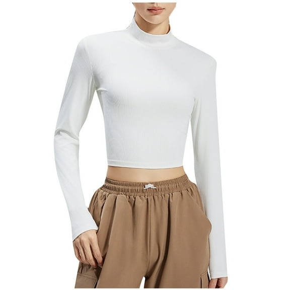 Perfectbot Womens Workout Tops Crop Ribbed Knit Mock Neck Shirts Gym Yoga Slim Fit Blouse
