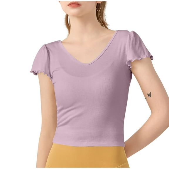 Perfectbot Womens Workout Tops Crop V Neck Ruffle Short Sleeve Shirt Gym Yoga Slim Fit Blouse
